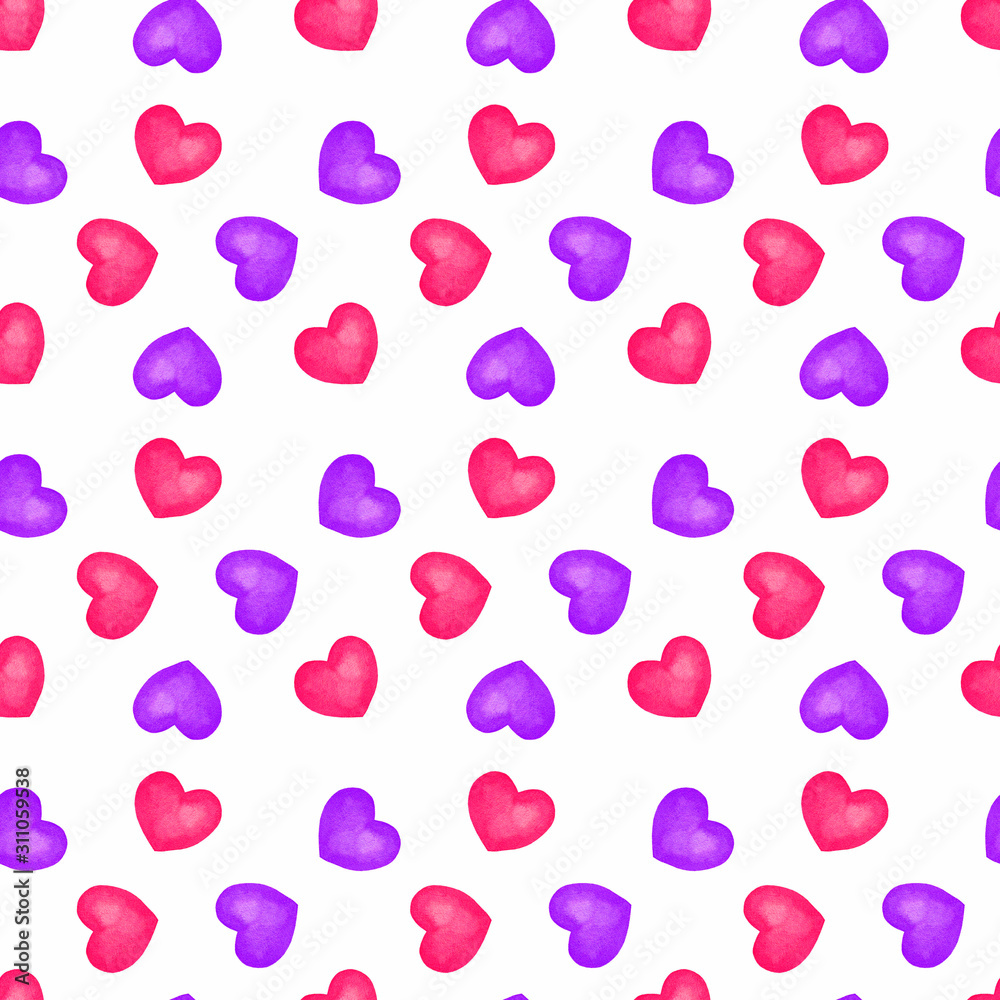 Seamless pattern with pink and purple hearts, valentine’s day pattern, heart background, watercolor hand painted pattern