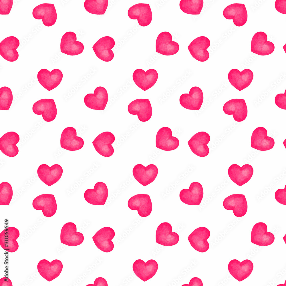 Seamless pattern with pink hearts, valentine’s day pattern, heart background, watercolor hand painted pattern