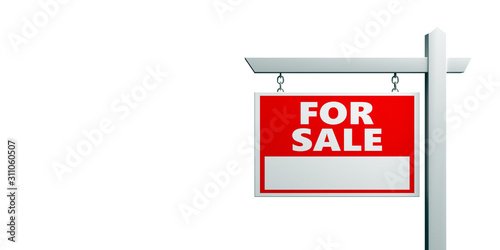 For sale wooden placard. Real estate text sign red color isolated on white. 3d illustration