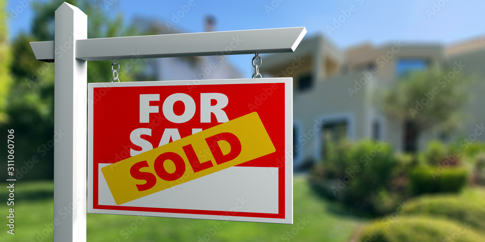 House sold for sale wooden placard. Real estate text sign red color on