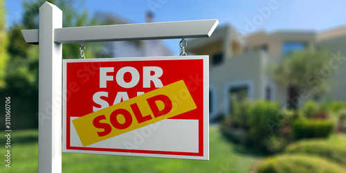 House sold for sale wooden placard. Real estate text sign red color on blur property background, 3d illustration photo
