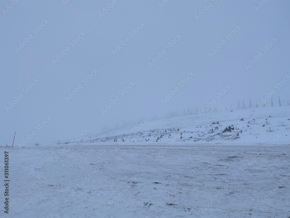 Empty road covering by white snow and some dry grass at side way with cloudy climate in winter season.