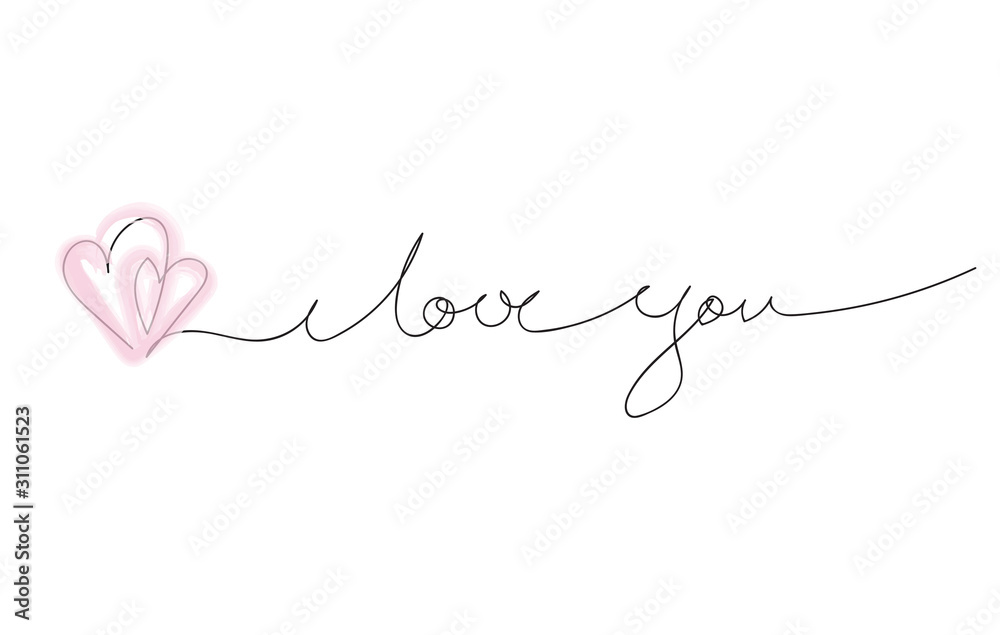 I Love You continuous line with two pink hearts. I Love You continuous line with two pink hearts.