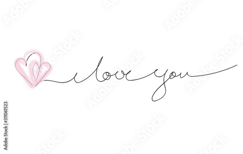 I Love You continuous line with two pink hearts.