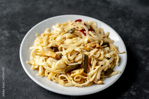 Asian food udon noodles with chicken and vegetables on a white plate on a stone background