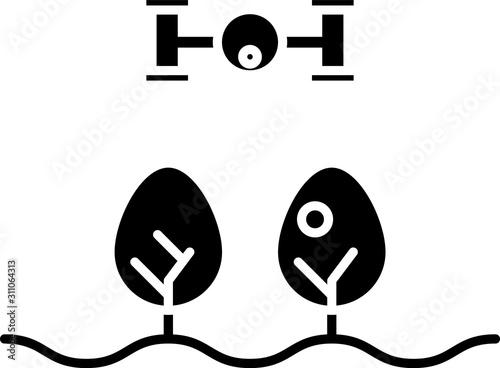 Black Smart farm with drone control and tree icon isolated on white background. Innovation technology for agricultural company.  Vector Illustration