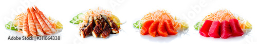 sets of sushi with the different types of seafood on a white background