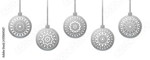 Silver Hanging Christmas Balls decorated with Ornaments.