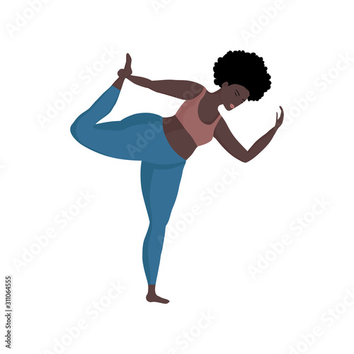 Vector illustration with happy black skin an oversized women in the yoga position. Sports and health body positive concept. I love my body. Attractive plus size woman in active healthy lifestyle