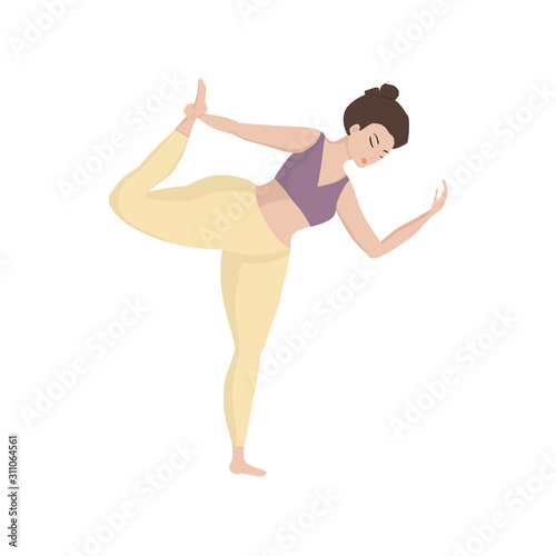 Vector illustration with happy asian an oversized woman in the yoga position. Sports and health body positive concept. I love my body. Attractive plus size woman in active healthy lifestyle