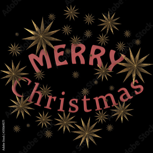 Party December New Year winter holiday. Red calligraphy lettering with gold stars decoration on black background. 3d rendering.