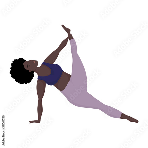 Vector illustration with happy black skin of oversized women in yoga position. Sport and body health positive concept. Love body. Attractive woman of large sizes an active healthy lifestyle