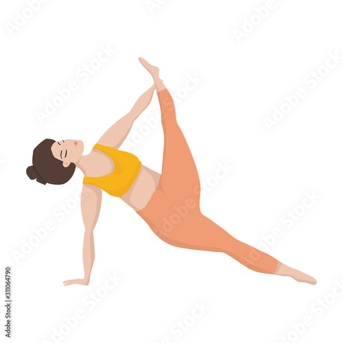 Vector illustration with happy asian of oversized woman in yoga position. Sport and body health positive concept. Love body. Attractive woman of large sizes an active healthy lifestyle