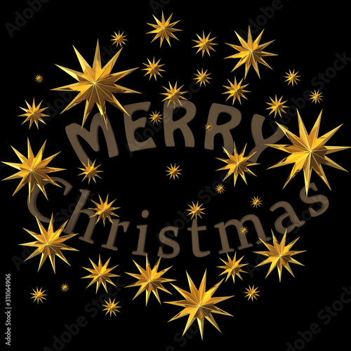 December New Year winter and Merry Christmas holiday. Gold calligraphy lettering with gold stars on black background. 3d rendering.