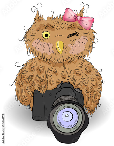 Cute brown owl with a camera and bow, hand-drawing, watercolor, sketch