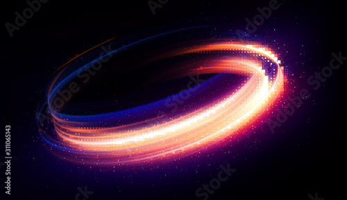 Glow swirl light effect. Circular lens flare. Abstract rotational lines. Power energy element. Luminous sci-fi. Shining neon lights cosmic abstract frame. Magic round frame. Swirl trail effect. Glint photo
