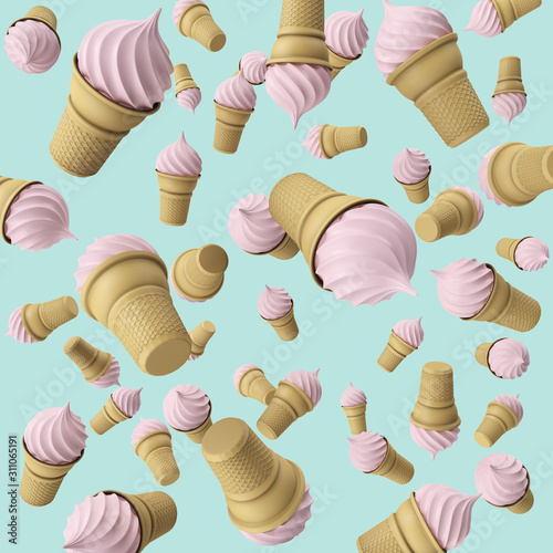 3D pink Ice Creams Waffle Cone Close up Isolated on color Background. 3d Rendering