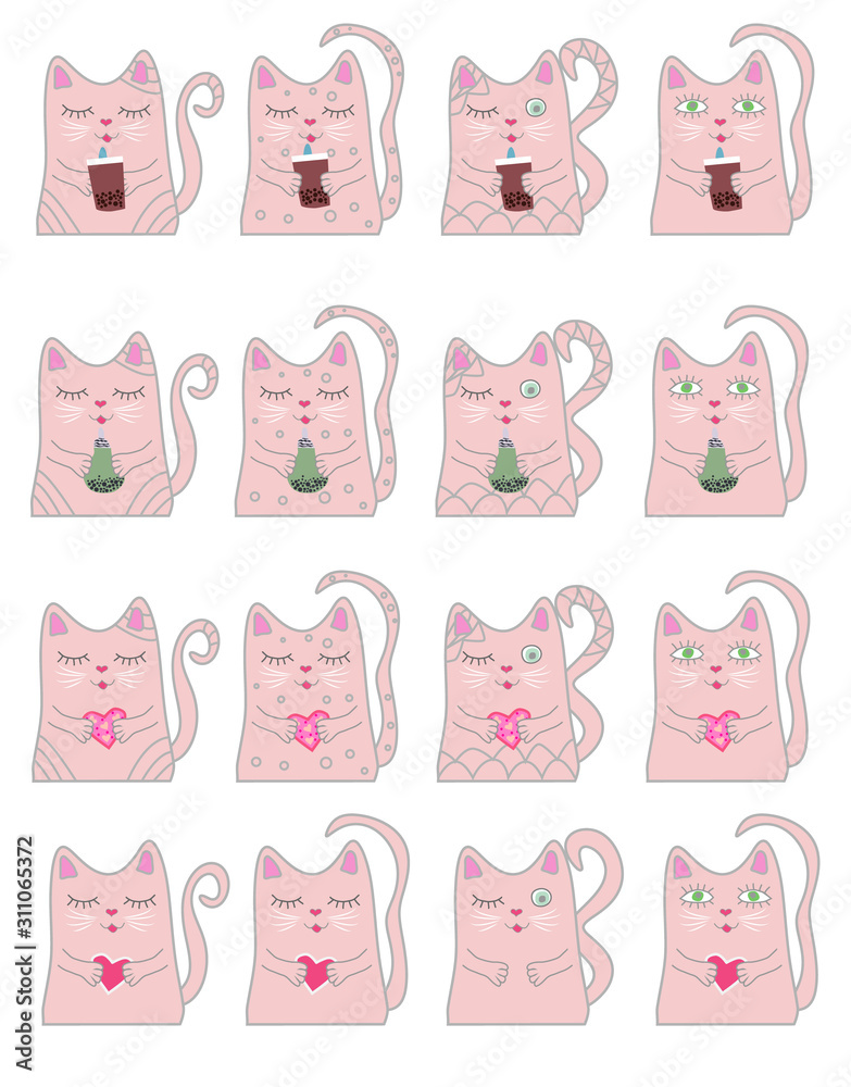Big set funny pink cat unicorn. Concept of miracles and magic. Big set funny pink cat unicorn. Concept of miracles and magic.