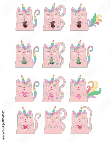Fototapeta Naklejka Na Ścianę i Meble -  Big set funny pink cat unicorn. Concept of miracles and magic.