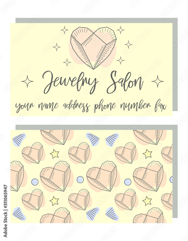 Business Identity - business card template with front side with logo - black diamond, crystal, text and back side with pattern with precious stones. Business Identity - business card template with front side with logo - black diamond, crystal, text and back side with pattern with precious stones.