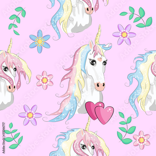 Seamless pattern with trendy cartoon patches. Unicorns  rainbows and hearts.