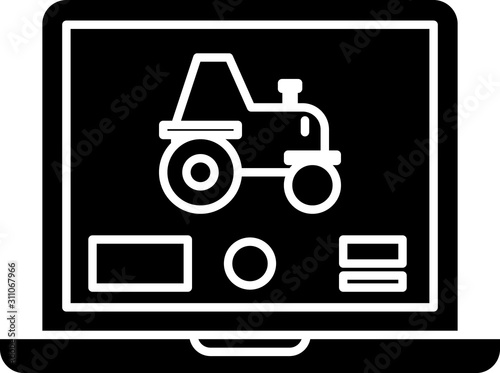 Black Laptop application for control a autonomous tractor on a smart farm icon isolated on white background. Smart agriculture implement.  Vector Illustration