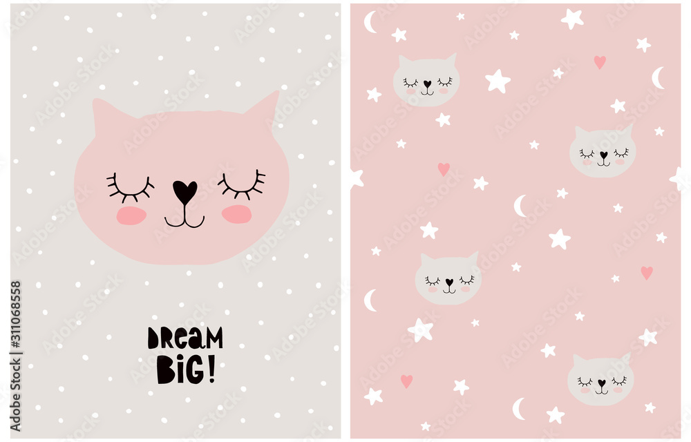 Pink Dreaming Cat on a Light Gray Dotted Background. Simple Nursery Art for Girls. Cute Baby Girl Cat Vector Card and Seamless Patterns. Dream Big. Print with Hearts,Cats and Stars Isolated on a Pink.