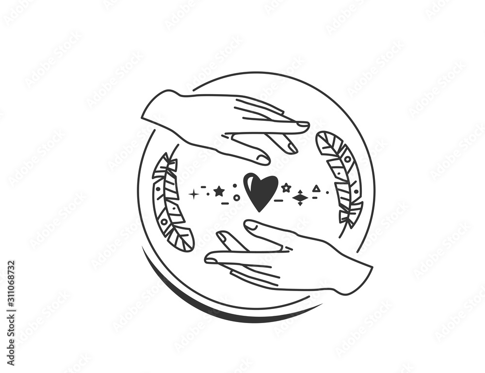 Hands with feather, heart and design element in simple flat boho line style. Love concept. Vector illustration Hands with feather, heart and design element in simple flat boho line style. Love concept. Vector illustration