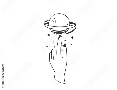 Hand twists galaxy space at the finger. Vector illustration in simple flat line style