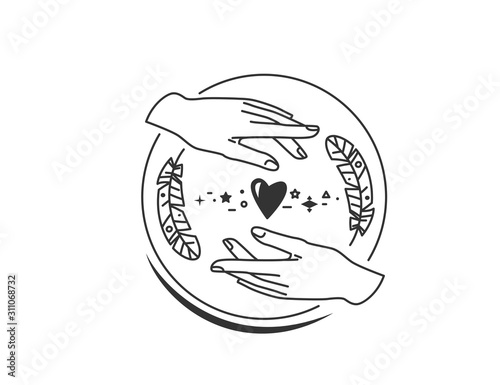 Hands with feather, heart and design element in simple flat boho line style. Love concept. Vector illustration