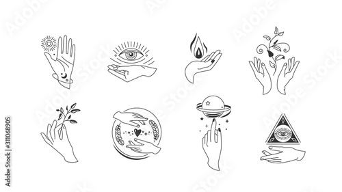 Hands set in simple flat esoteric boho style. Feminine hand logo collection with different symbol like space star planet, floral herb, moon and sun, heart love, eye, fire, drop