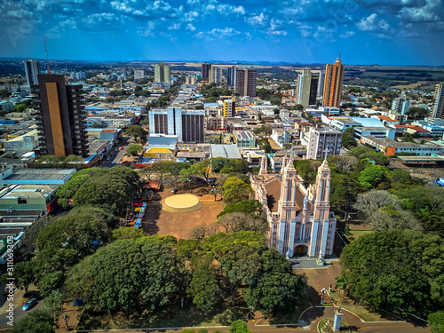 Aerial view of Campo Mourao city, Parana, Brazil. Sunny day with the view of St. Joseph's Cathedral, the mother church of the city. photo