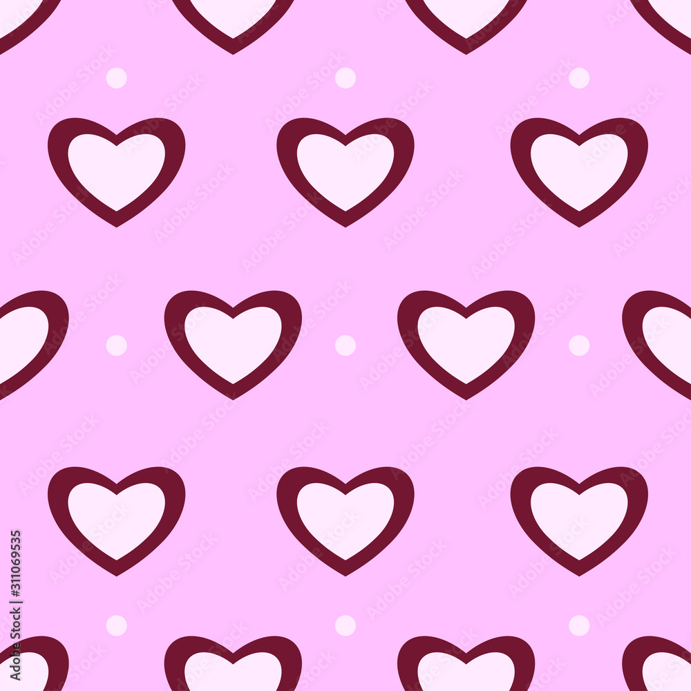 Light pink with dark red hearts and white spots on pink background. Seamless nice pattern for Valentine day. Suitable for packaging, wallpaper.	