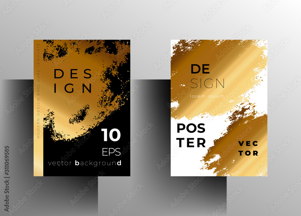 Fototapeta Set of cover templates, poster, brochure. Modern design with brush strokes and gold. Vector 10 EPS.