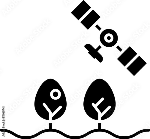 Black Smart farm with drone control and tree icon isolated on white background. Innovation technology for agricultural company.  Vector Illustration