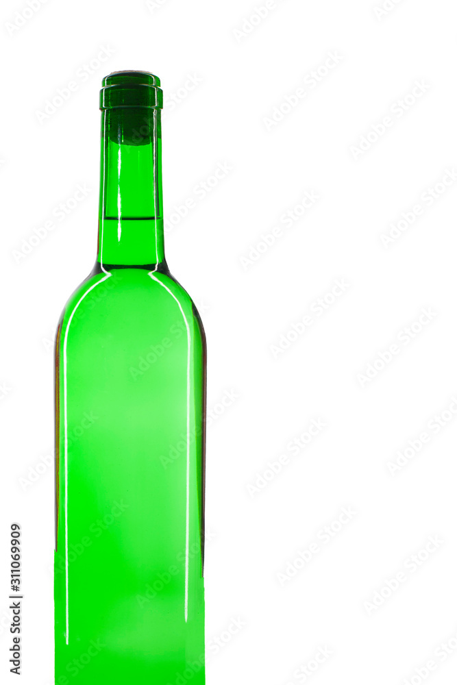 Green bottle with a white sparkling wine, isolated on white background. There is a place for text. Green bottle with a white sparkling wine, isolated on white background. There is a place for text.