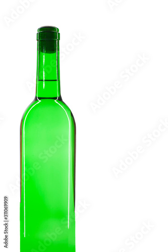 Green bottle with a white sparkling wine, isolated on white background. There is a place for text.