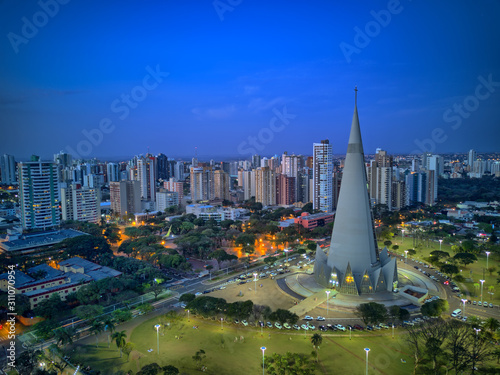 Aerial View of Maringa, Cathedral and downtown. Several buildings. Paraná, Brazil.