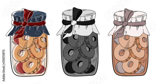 Set of vector banks with cookies. Isolated drawing on a white background. The image can be used for websites, web design, postcards, ladders, wallpapers, prints, print on fabric, shop windows, cafes.