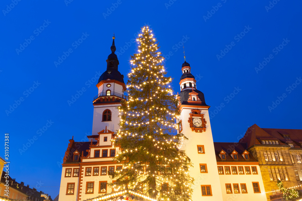 The Christmas Tree and Market in Chemnitz, Germany at the center of the city.