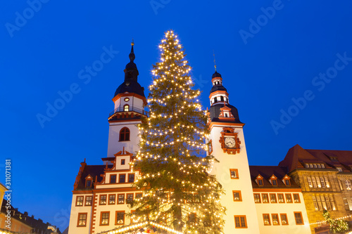 The Christmas Tree and Market in Chemnitz, Germany at the center of the city.