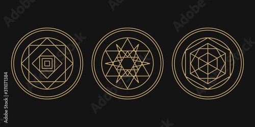Alchemy isolated vector icon set. Round decorative ornament. Geometric lined shapes. Abstract logotype element. Zen, spirit, yoga, occultism symbol.
