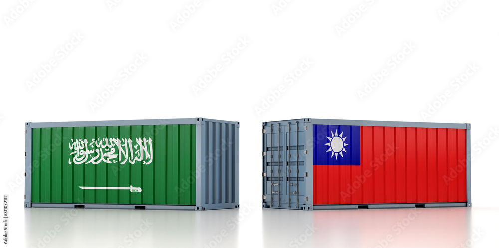 Freight container with Saudi Arabia and Taiwan national flag. 3D Rendering