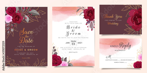 Maroon wedding invitation card template set with burgundy and peach rose flowers and watercolor background. Cards with floral, gold line, and glitter for save the date, invitation, greeting card