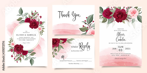 Beautiful wedding invitation card template set with burgundy and peach rose flowers and watercolor background. Cards with floral, gold line, and glitter for save the date, invitation, greeting card
