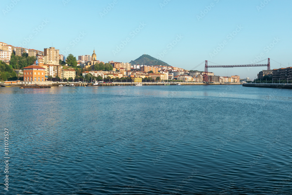 Panorama of Portugalete and Getxo with Hanging Bridge of Bizkaia from La Benedicta pier, Basque Country, Spain	