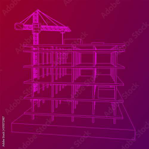 Building under construction with crane. Build house construct in process. Wireframe low poly mesh vector illustration