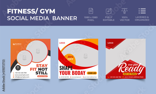 Fitness Gym Social Media Post Template with Red, Orange Elements