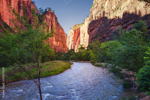 Sunset in the canyon of Zion National Park, Utah