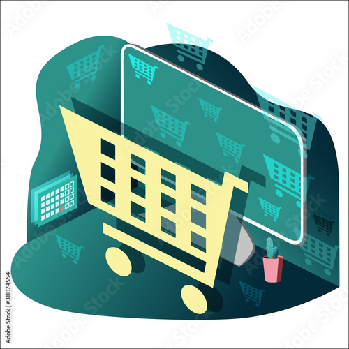 Shopping cart. Desktop computer on the table, calendar. Shopping on the Internet, in the online store. Hurry up to buy before the end of the month.